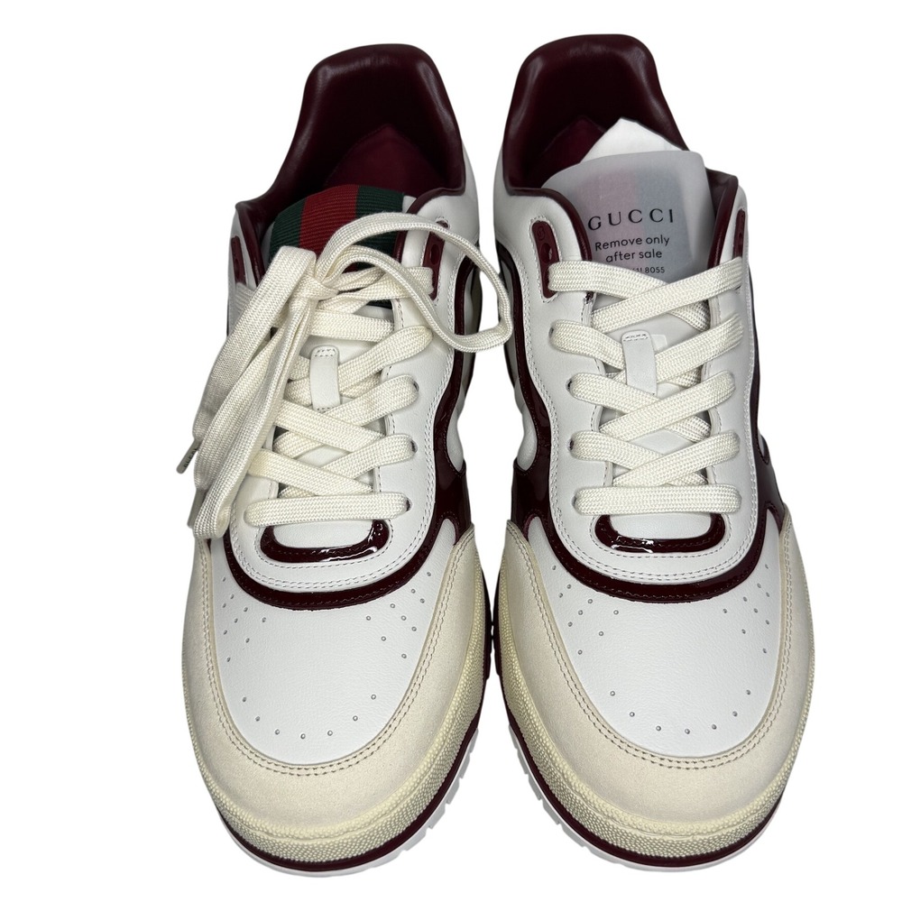Gucci Re-Web Sneakers Mens 11 White Leather Suede Burgundy Low Top Luxury Shoes